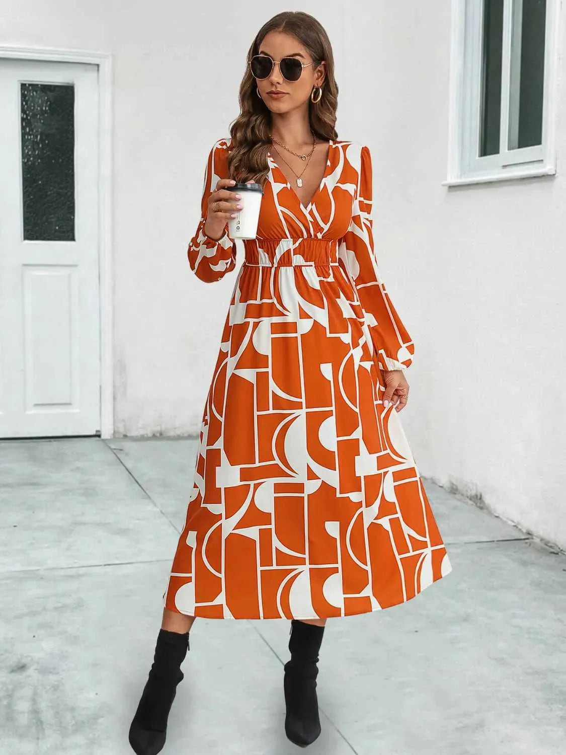 Surplice Neck Long Sleeve Midi Dress Red Orange Casual Dresses - Tophatter Daily Deals
